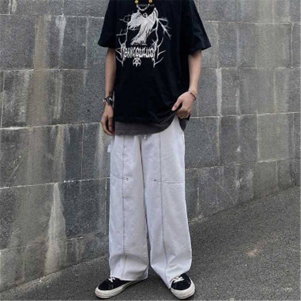 

oversize men &women jeans denim white straight washed stitches burrs biker vintage high street pant outdoor hip hop trousers, Blue