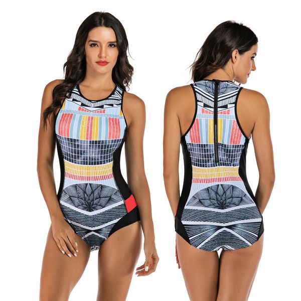 

artistic style geometric print urban women one piece swimsuit comfortable swimwear elegent lady bathing suit beachwear rashguard, White;black