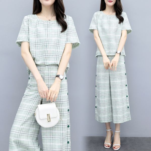 

casual plaid two piece set and pants 2pcs set women clothes 2020 ensemble femme deux pieces year-old female costume, White