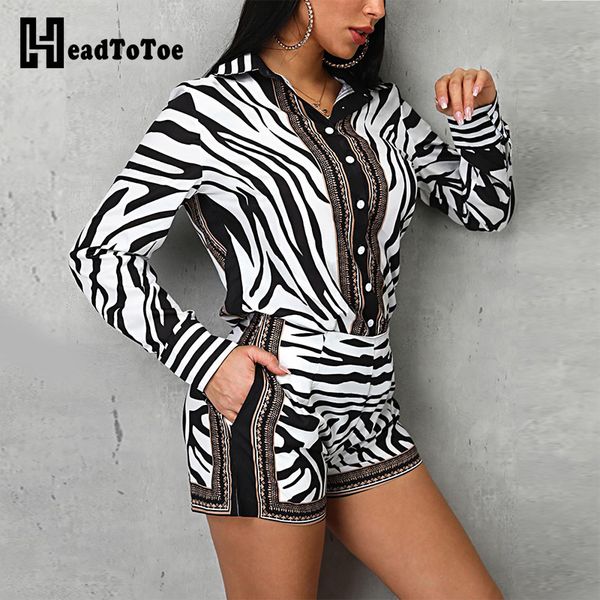 

2019 women zebra print buttoned shirt & zipper short sets two piece turn down collar long sleeve and shorts casual workwear, White
