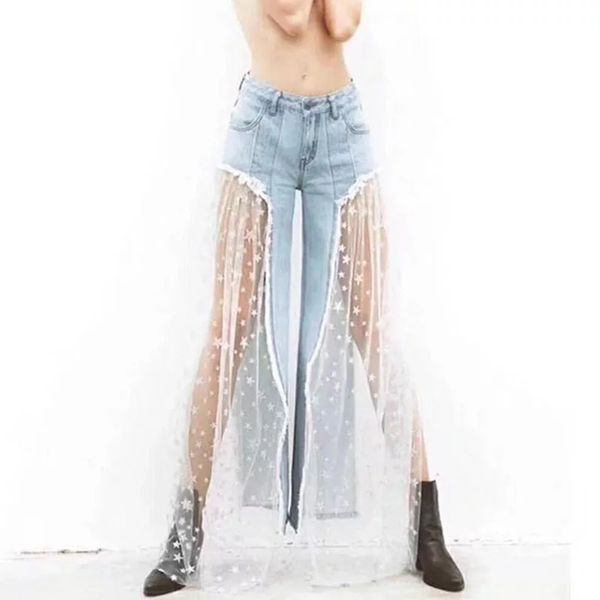 

new style women casual ripped lace stars mesh high waisted denim pants jeans trousers wide leg pants, Blue