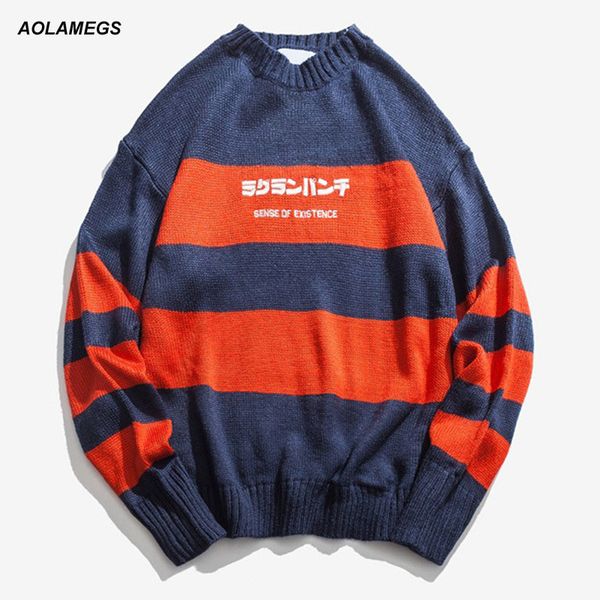 

aolamegs men knit sweater embroidery stripes pullover letter stitching sweaters casual fashion male warm o-neck, White;black