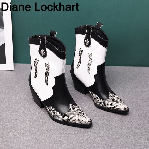 

snake print leather wedge cowboy ankle boots women high heel mixed colors short boot cossacks western cowgirl booties female, Black