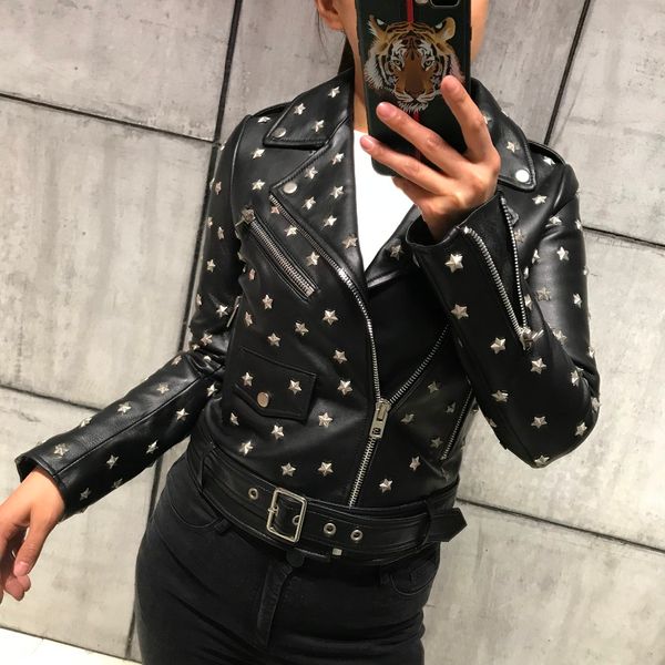 

ladies genuine leather jacket rivet leather jacket real lambskin, Black
