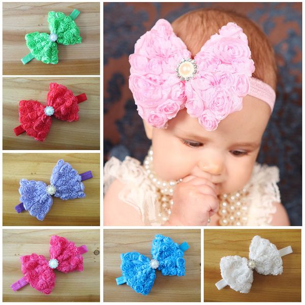 

kids girls luxurious chiffon rose bows with crystal & thin elastic headbands 120pcs/lot dhl shipping, Slivery;white