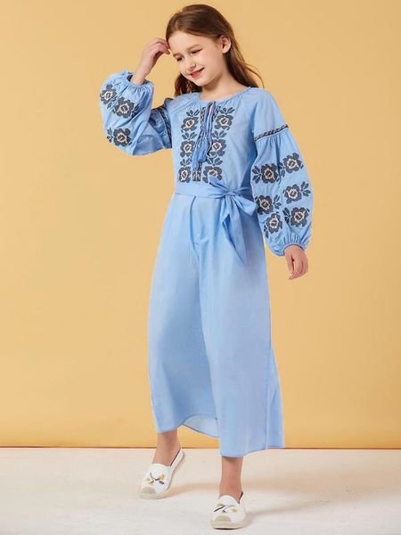 

summer girls ethnic embroidery casual long dress muslim abaya dress arabic robe kids turkey abaya dubai islamic clothing, Red