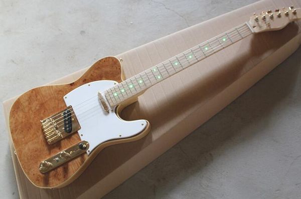 

бесплатная доставка заводская коричневая электрогитара со светодиодными огнями на грифе, белая накладка, кленовый гриф, золотое оборудование