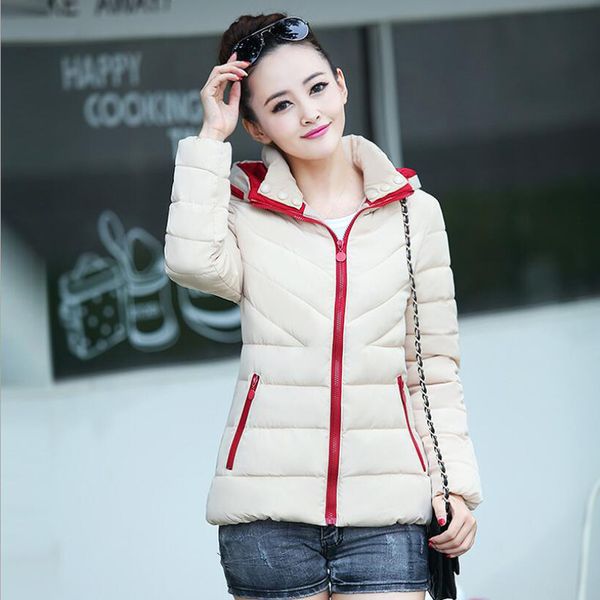 

fashion new winter short jacket women slim fit leisure long sleeve cotton coat hooded warm oltralight zf9453, Tan;black