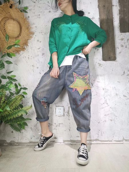 

light ash white black feer female embroidered white jeans bk4448, Blue