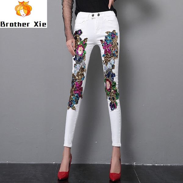

spring and summer women's sequins white denim pants slim all-match basic pencil pants student stretch jeans trousers, Blue