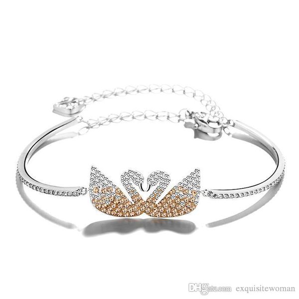 

swan brand new 925 silver gradient crystal charm bracelet romantic double swan fashion women wedding bracelet jewelry gift, Golden;silver