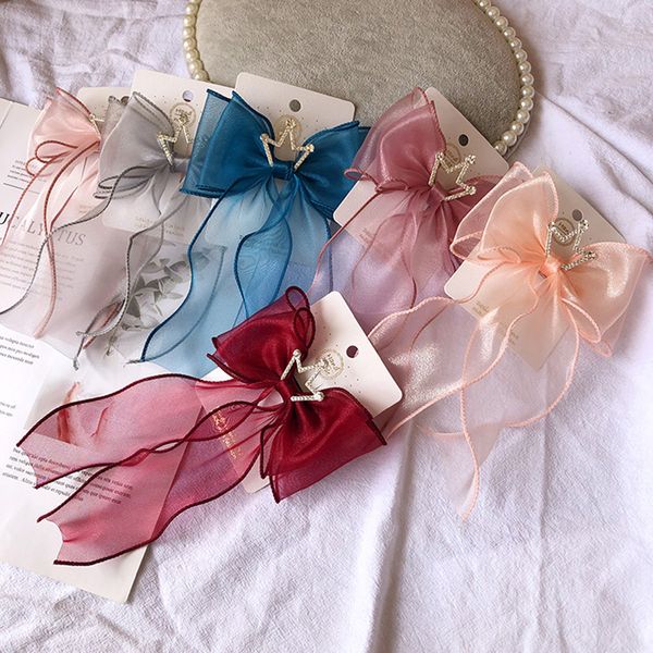

6pcs/lot snow yarn streamer hair bows accessories crystal crown princess hair clip tassel mesh girls hairbow birthday hairpin, Slivery;white