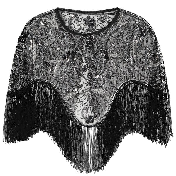 

women 1920s flapper embroidery fringe shawl cover up gatsby party beaded sequin cape vintage mesh scraf wraps for dresses, Blue;gray