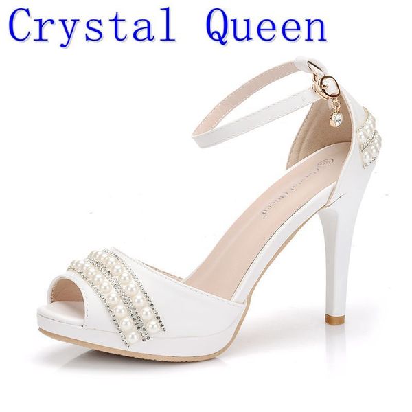 

crystal queen women sandals high heels pearl rhinestone thin heel sandals woman flock open toe ankle strap party shoes, Black