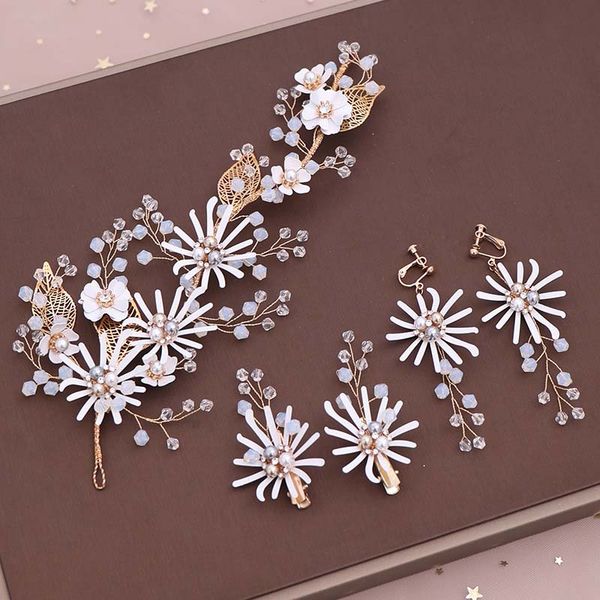 

forseven korean women bridal bride wedding hair jewelry handmade weave flower hairband set hairclips long tassels floral earring, Slivery;golden