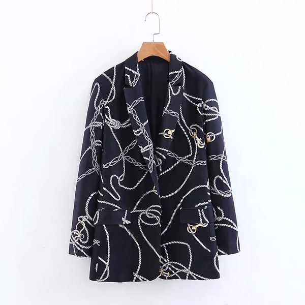 

women spring autumn chain printing casual suit jacket long sleeve vintage coat fashion lady streetwear loose outerwear, Black;brown