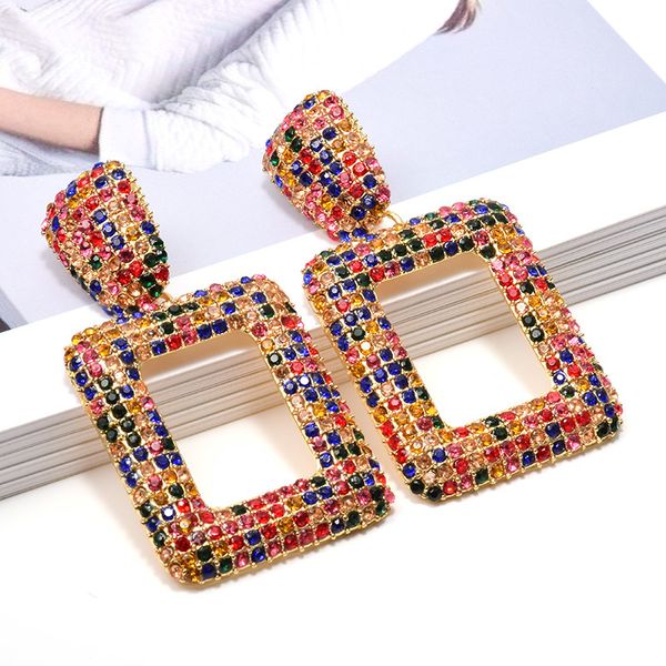 

wholesale hanging geometric metal dangle drop earrings studded with full colorful crystals fine jewelry accessories for women, Silver