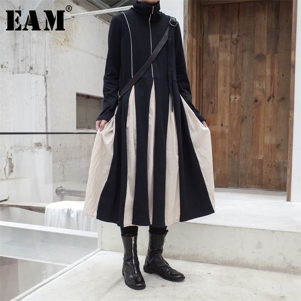 

eam] 2019 new spring summer high collar long sleeve black hit color loose pleated stitch dress women fashion tide jl722, Black;gray