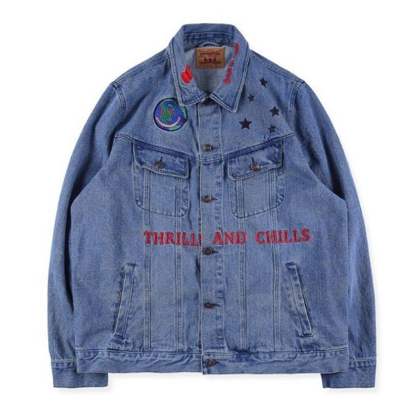 

mens designer jackets fashion brand travis scott smile earth embroidery denim jackets high street casual outwear s-xl, Black;brown