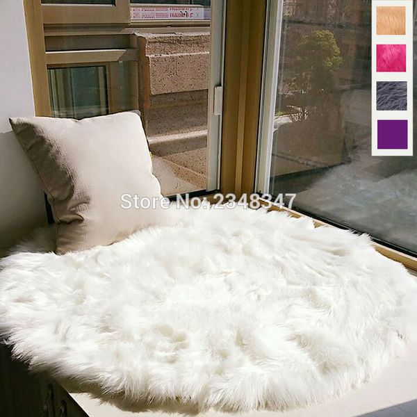 

long faux fur artificial sheepskin fluffy chair seat sofa cover round carpet mat area rug living bedroom home decoration white