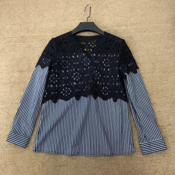 

women shirt fashion lace stitching vertical stripes v-neck shirt, White