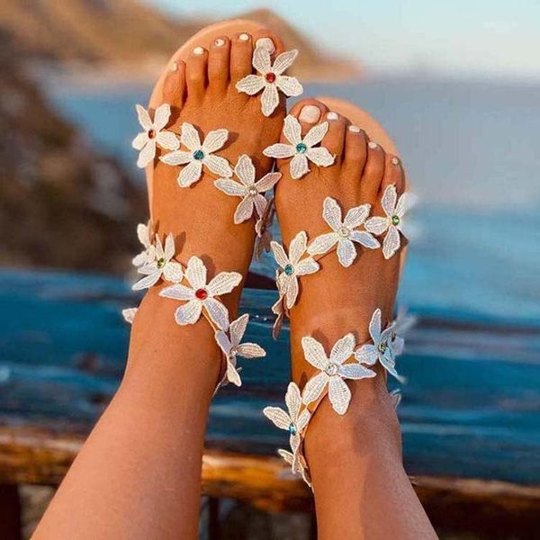 

women sandals bohemia style summer shoes for women flat sandals beach shoes 2020 flowers flip flops plus size chaussures femme, Black