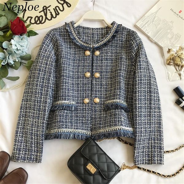 

neploe tweed blazer coat women blazers and jackets long sleeve o-neck outwear woman fashion weave tassel patchwork jacket 37968, White;black