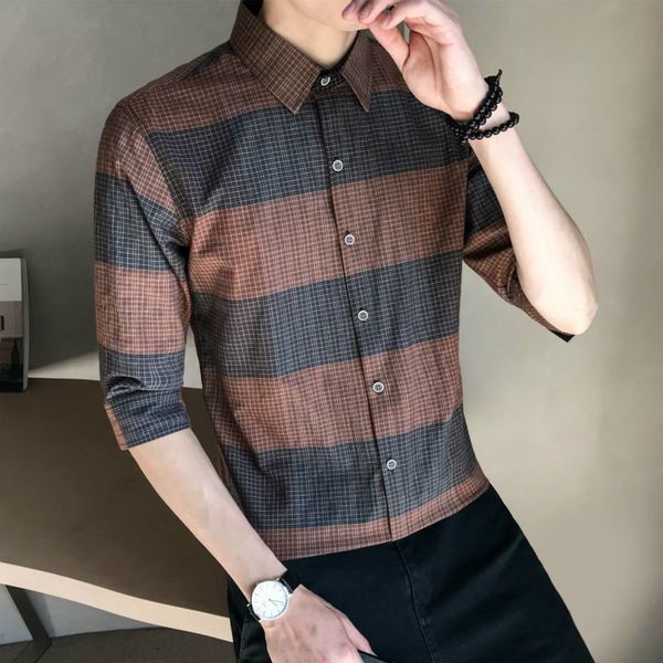 

2020 summer plaid short-sleeved shirt seven-point sleeve trend korean style slim handsome men's clothing hot, White;black