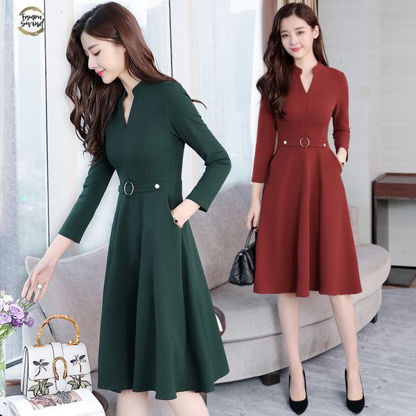 

autumn 2019 winter new black midi dresses women elegant korean bodycon v-neck dress party long sleeve vestidos designer clothes, Black;gray