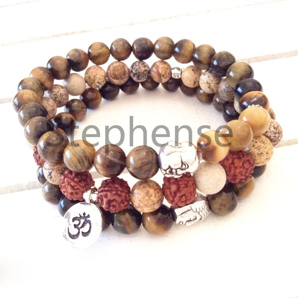 MG0667 Natürliche Rudraksha-Perlen, Ohm-Armband, natürliches 8 mm Tigerauge, Buddha-Yoga-Mala-Armband, Lotus-Charm-Yoga-Armband