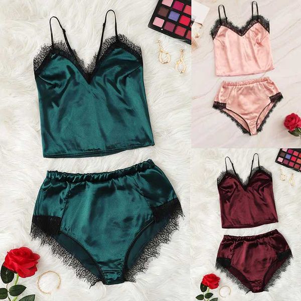 

2pcs women satin lace sleepwear babydoll lingerie nightdress pajamas set, Black;red