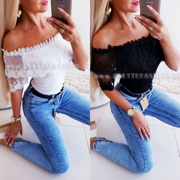 

au women off shoulder short sleeve lace t-shirt casual slim fit blouse tee superstar same white