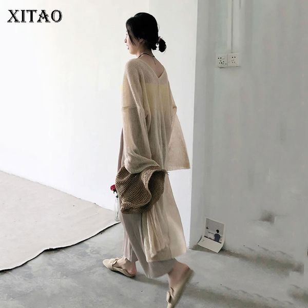 

xitao thin knit plus size cardigan for women korea summer sunscreen oversize casual v neck wild waist maxi trench kzh464, Tan;black