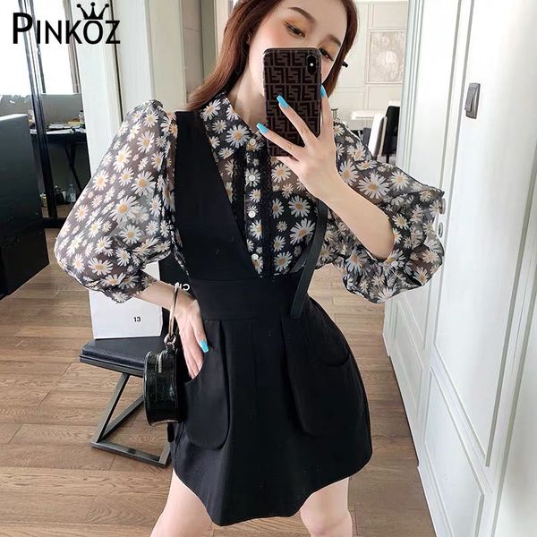 

pinkoz daisy flower blouse women black thin floral print puff sleeve half sleeve chic soft girt shirts black strap dress, White