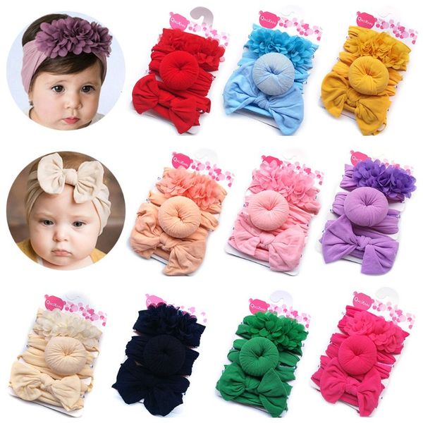 

3 pcs/set fashion nylon bow headband newborn baby bow-knot round ball headwrap girls children flower donut hair band, Slivery;white