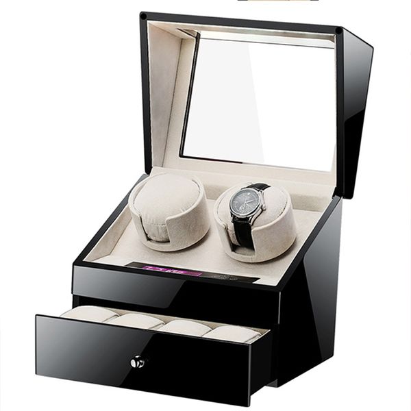 

creative 2+4 watch winder box mechanical watch automatic winding storage box black holder winder silent motor shake, Black;blue