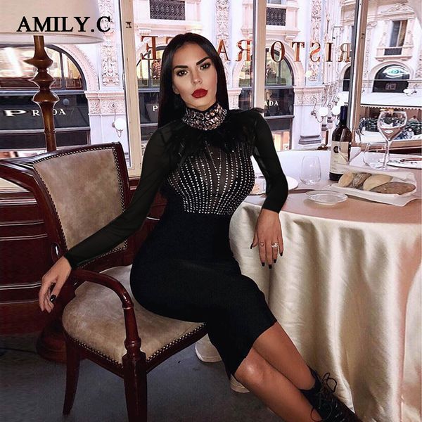 

fashion high collar diamond feather mesh dress black bandage dress long sleeve high collar celebrity party, Black;gray