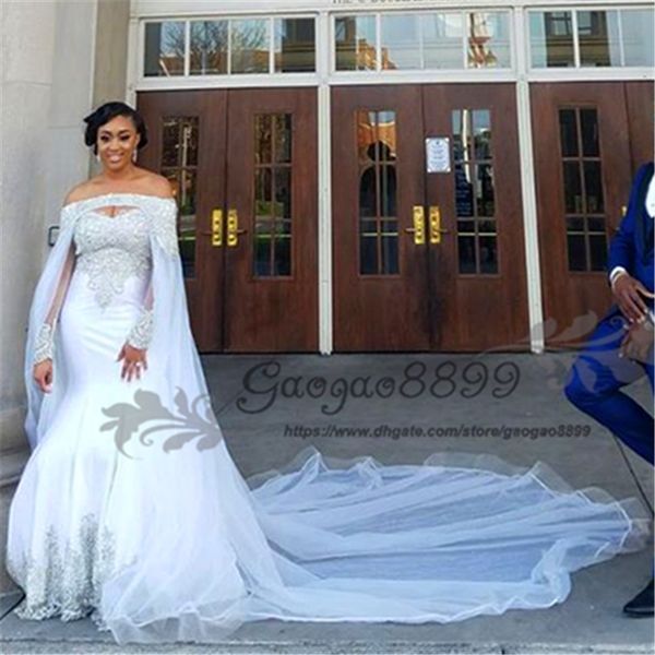 

nigerian african mermaid wedding dresses with cape watteau train 2019 gold beaded long sleeves bateau wedding gown plus size bridal dresses, White