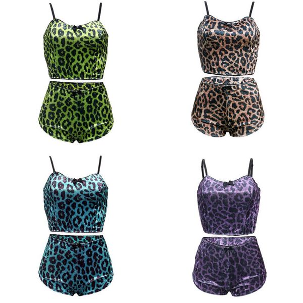 

women velvet 2pcs outfits leopard print sleeveless crop shorts clubwear, Black;red
