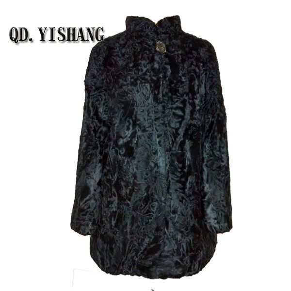

natural karakul stand collar long sleeve lady fur coat short style can be customized factory direct sales qd.yishang, Black
