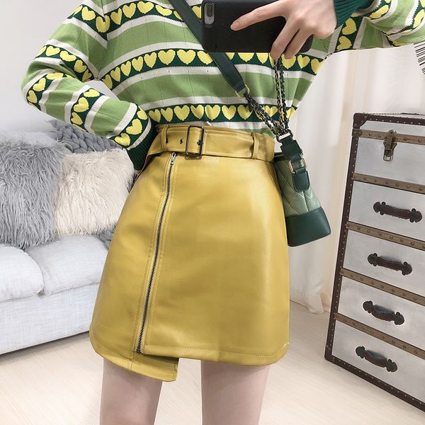 

2019 new irregular pu leather skirt female skirt high waist slim bag hip short with belt zipper short mini skirts saias, Black