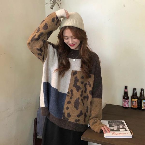 

winter leopard sweater o-neck women pullover plus size womens sweaters knitted oversized sweater jumper, White;black