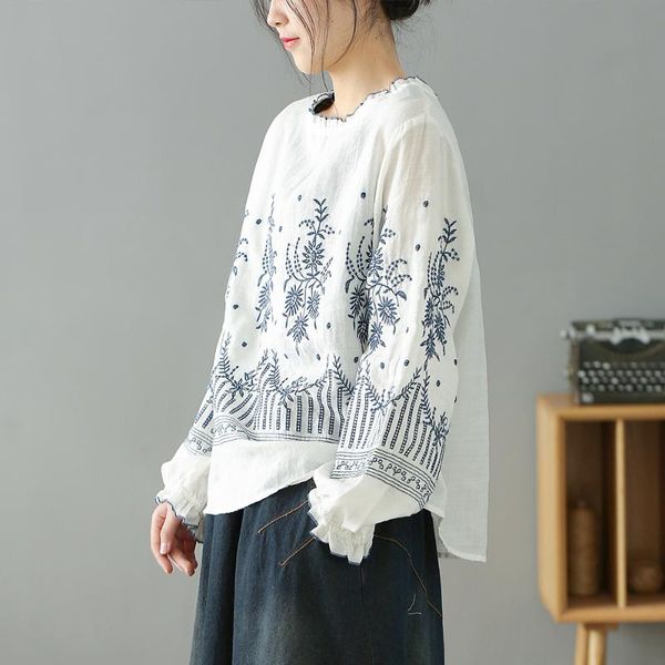 

spring cotton linen women's art retro embroidered long-sleeved shirt top, White