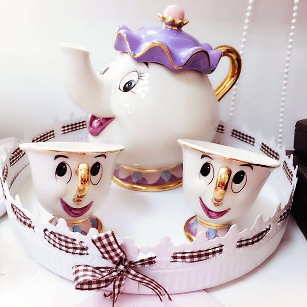 

cute cartoon beauty and the beast coffee tea set mug mrs potts chip tea cup one set [1pot +2cups] for friend gift
