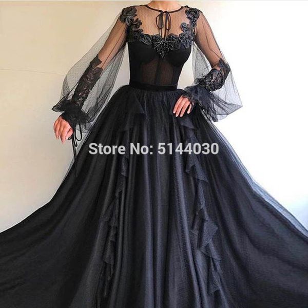 

black long sleeves muslim evening dresses lace appliques tulle o neck a line prom party gowns vestido de noiva longo, White;black