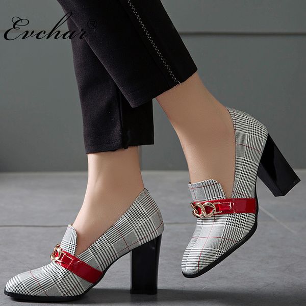 

evchar new high heel square heel office slip-on elegant lattice pattern mixed colors metal decoration women shoes big size 32-50, Black