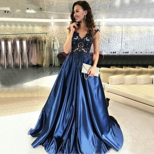 

dark navy v neck evening dresses long satin lace applique a line prom gowns, Black