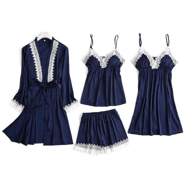 

вискоза сатин женского 4шт ночного sexy cami + шорты + nighty + robe главной wear весна new пижама набор кружево пижама пижама костюм, Blue;gray