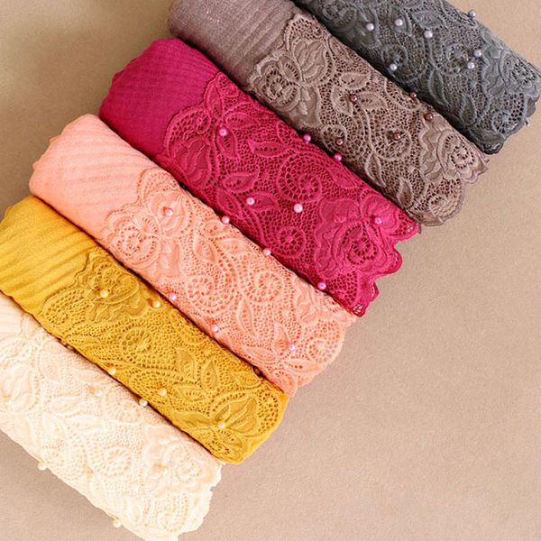 

beautiful lace embroidery edges cotton hijab winter plain muslim crumpled scarf with pearl women long wrap soft muffler scarf, Red