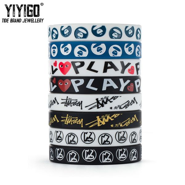 

1 pieces tide brand creative cartoon pattern silicone bracelet men women fashion sports street hip hop personality wristband, Black